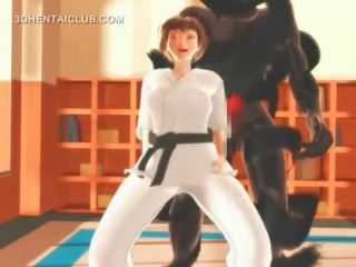 Хентай карате скъпа гагинг на а масов хуй в 3d