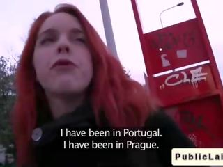 Redhead young woman bangs in public restroom