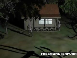 Busty 3D cartoon enchantress fucked hard outdoors by a zombie