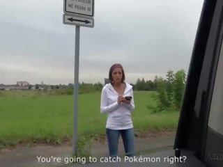 Splendid excellent pokemon hunter busty stunner convinced to fuck stranger in driving van